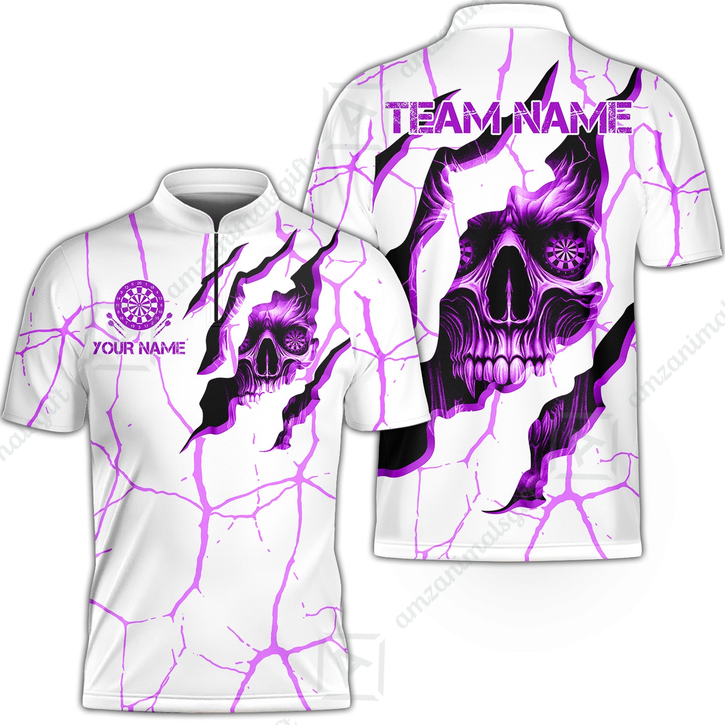 Customized Darts Stand Collar Quarter-Zip Shirt, Torn-Up Skull Dartboard Eyes Darts Team Style Jersey for Darts Players