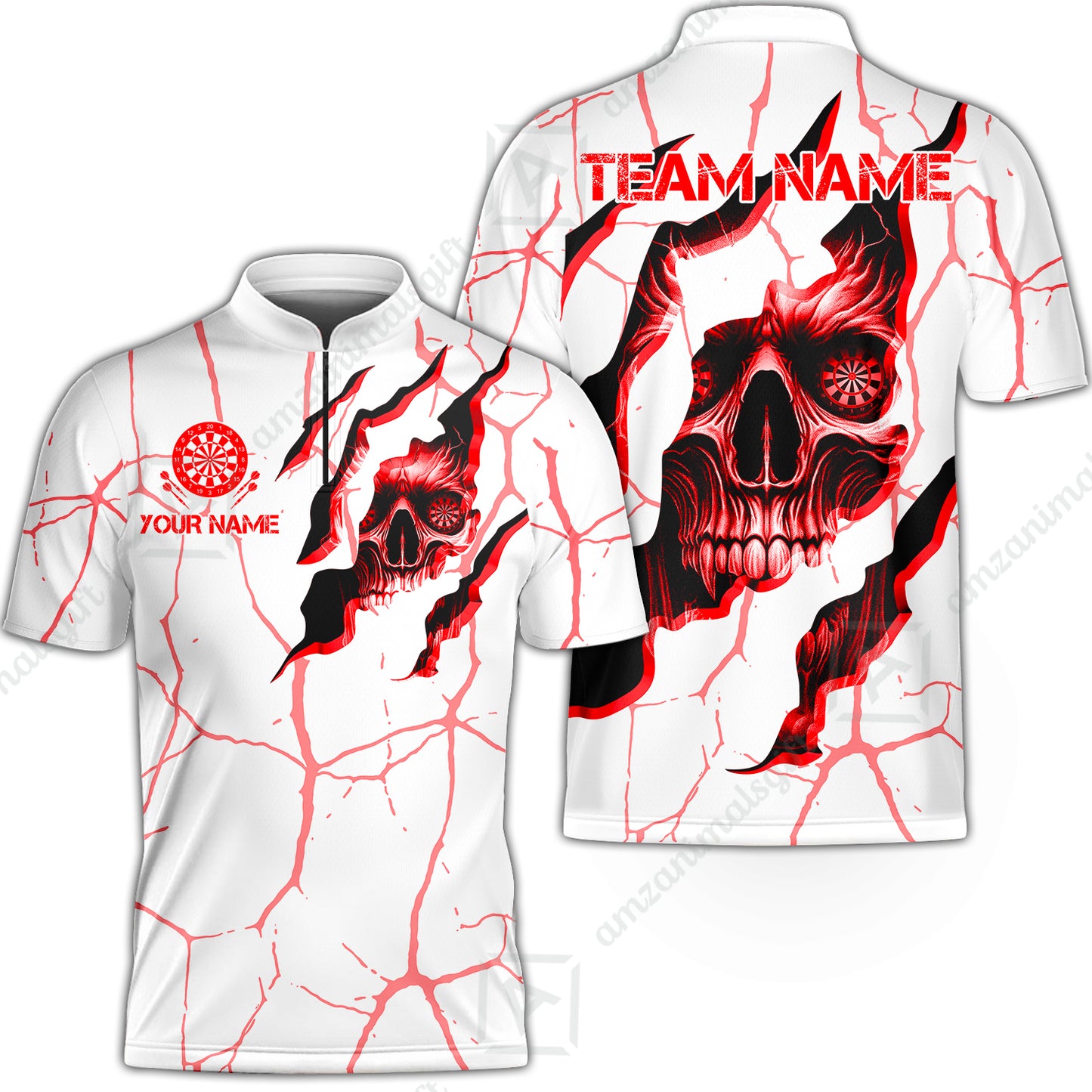 Customized Darts Stand Collar Quarter-Zip Shirt, Torn-Up Skull Dartboard Eyes Darts Team Style Jersey for Darts Players