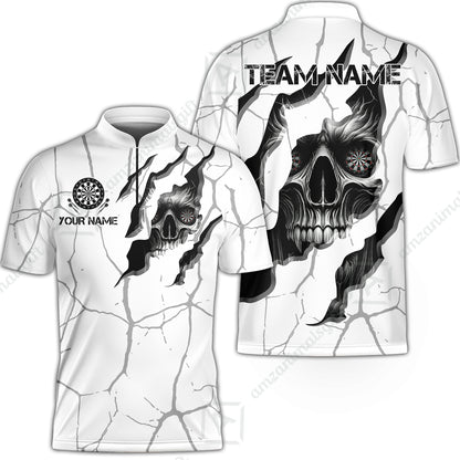 Customized Darts Stand Collar Quarter-Zip Shirt, Torn-Up Skull Dartboard Eyes Darts Team Style Jersey for Darts Players