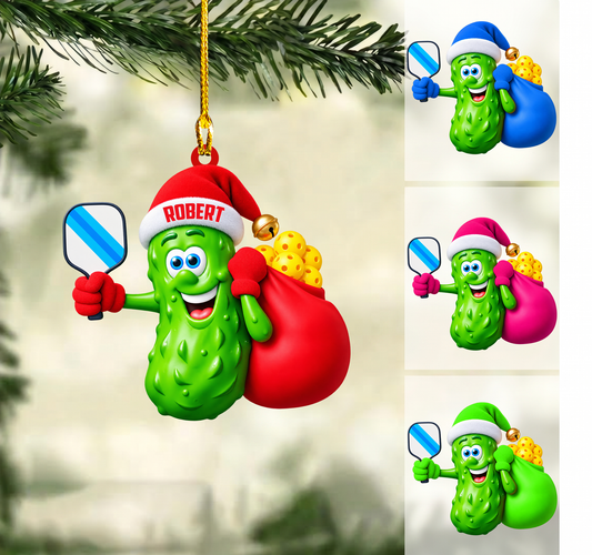 Personalized Pickleball Christmas Ornament, Santa Pickle Holding Paddle And Ball Bag, Custom Ornament Christmas Gift, Keychain Pickleball, Car Ornament Pickleball