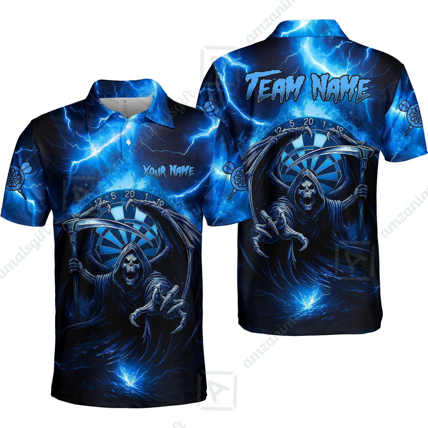 Customized Darts Polo Shirts, Darts Grim Reaper Thunder Lightning Turquoise And Blue Team Polo Jersey For Darts Player