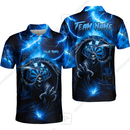 Customized Darts Polo Shirts, Darts Grim Reaper Thunder Lightning Turquoise And Blue Team Polo Jersey For Darts Player