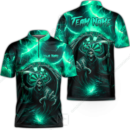 Customized Darts Stand Collar Quarter-Zip Shirt, Darts Grim Reaper Thunder Lightning Turquoise Jersey For Darts Player