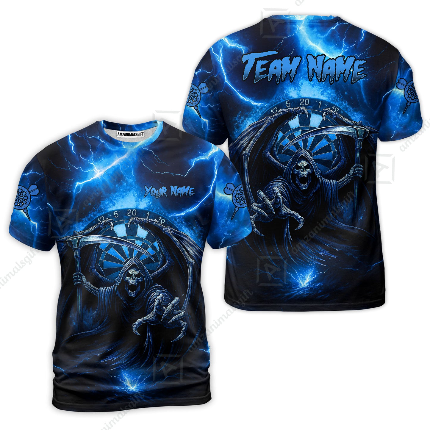 Customized Darts T-Shirt, Darts Grim Reaper Thunder Lightning Turquoise And Blue Team T-Shirt Jersey For Darts Player