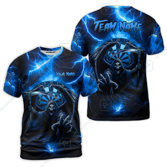 Customized Darts T-Shirt, Darts Grim Reaper Thunder Lightning Turquoise And Blue Team T-Shirt Jersey For Darts Player
