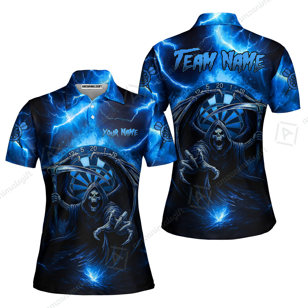 Customized Darts Women Polo Shirt, Darts Grim Reaper Thunder Lightning Turquoise And Blue Team Jersey For Darts Player