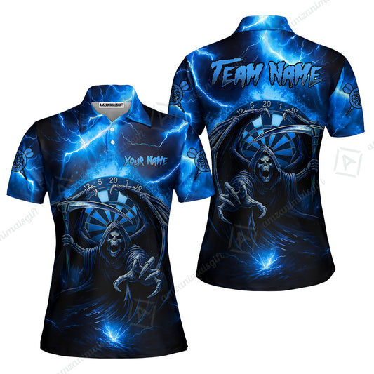 Customized Darts Women Polo Shirt, Darts Grim Reaper Thunder Lightning Turquoise And Blue Team Jersey For Darts Player