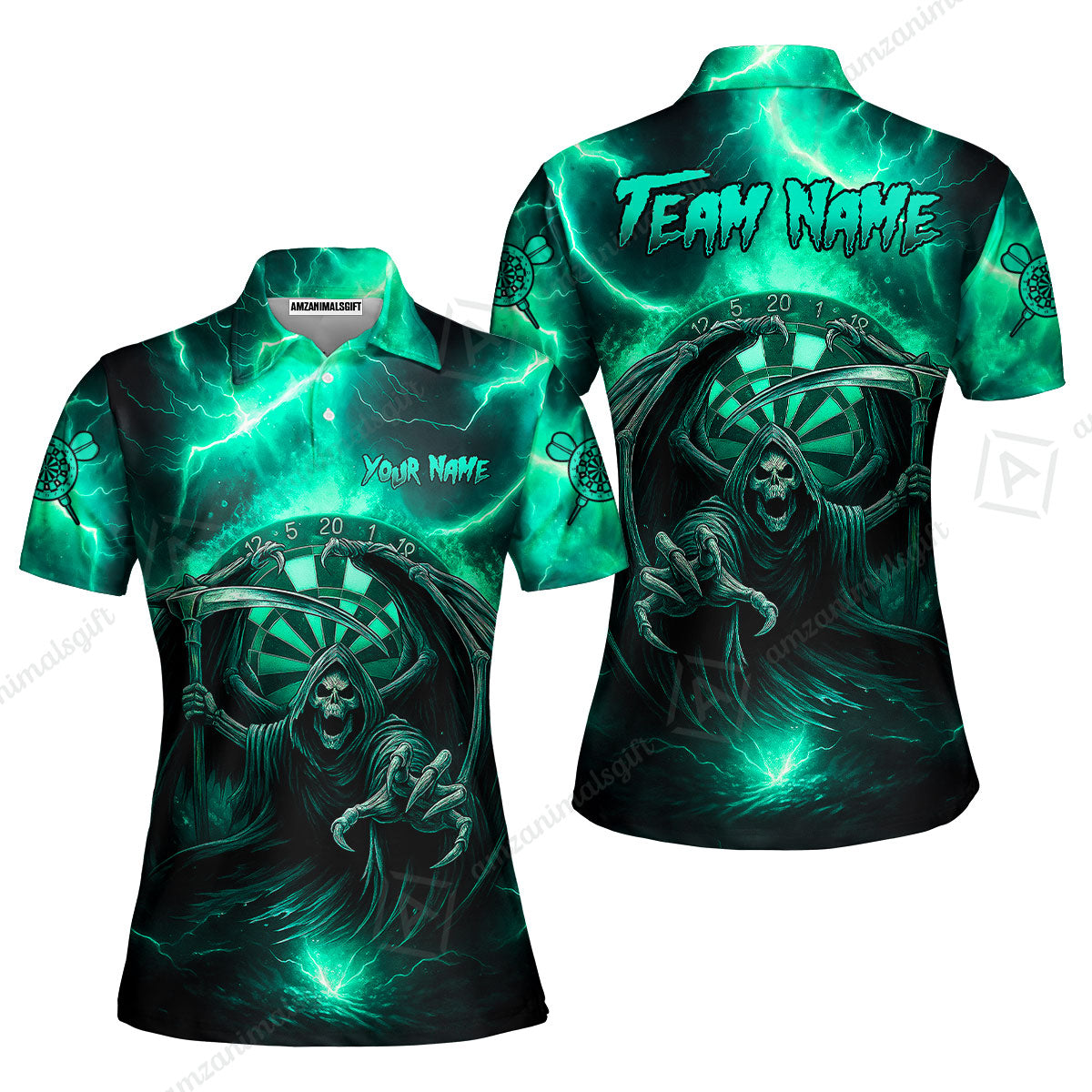 Customized Darts Women Polo Shirt, Darts Grim Reaper Thunder Lightning Turquoise And Blue Team Jersey For Darts Player
