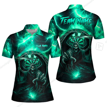 Customized Darts Women Polo Shirt, Darts Grim Reaper Thunder Lightning Turquoise And Blue Team Jersey For Darts Player