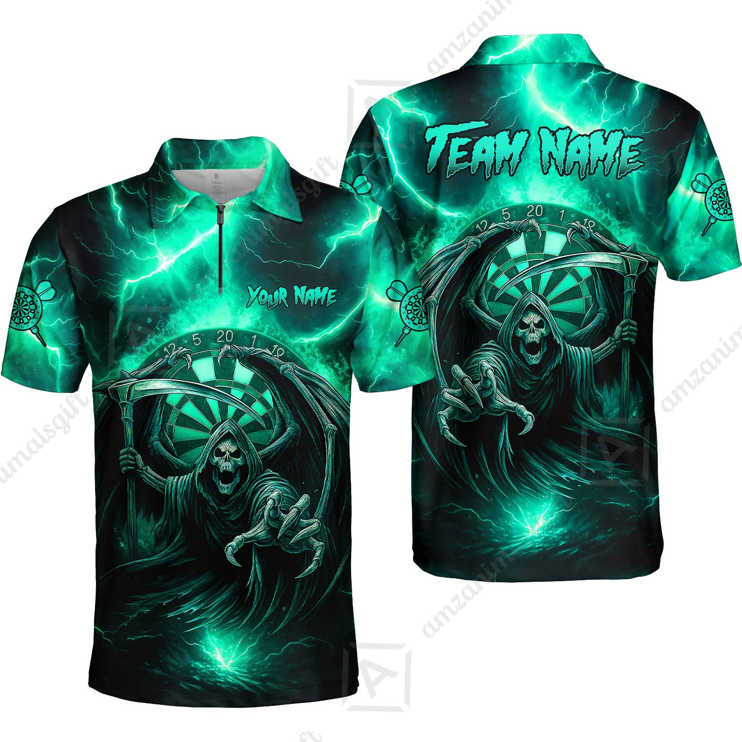 Customized Darts Quarter-Zip Polo Shirt, Darts Grim Reaper Thunder Lightning Turquoise And Blue Jersey For Darts Player