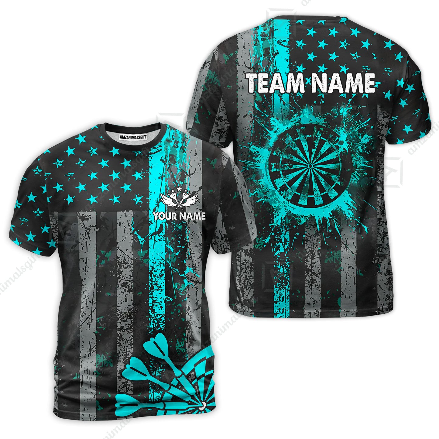 Customized Darts T-Shirt, Turquoise Grunge US Flag Patriotic Darts T-Shirt Team Style Jersey for Darts Players