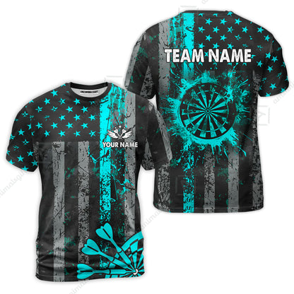 Customized Darts T-Shirt, Turquoise Grunge US Flag Patriotic Darts T-Shirt Team Style Jersey for Darts Players