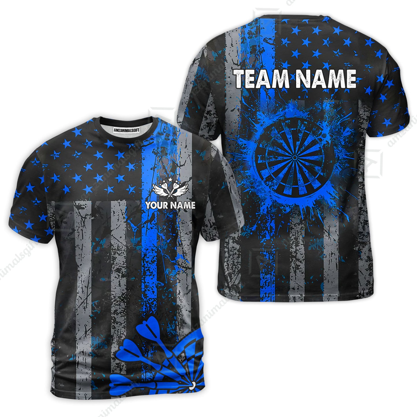 Customized Darts T-Shirt, Turquoise Grunge US Flag Patriotic Darts T-Shirt Team Style Jersey for Darts Players