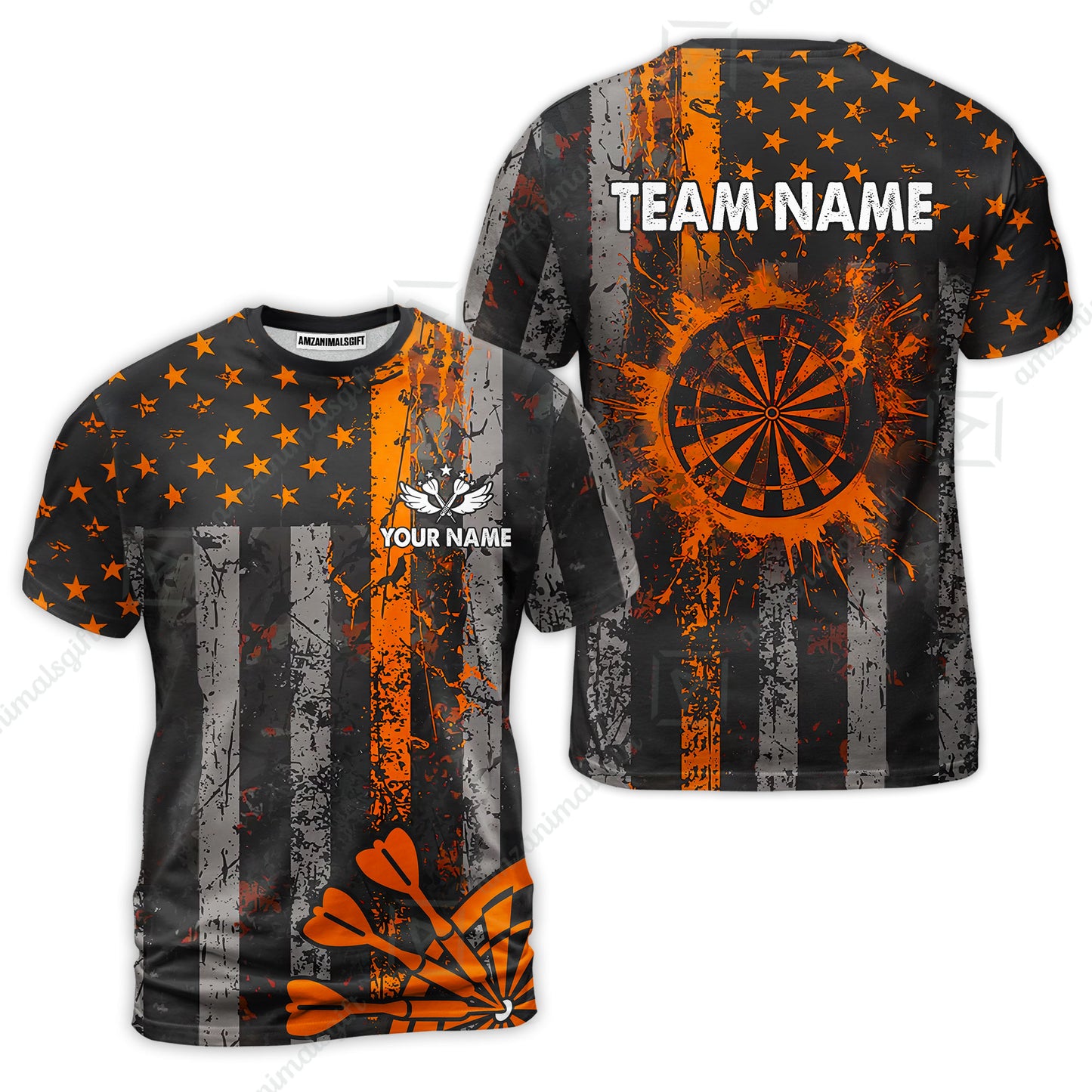 Customized Darts T-Shirt, Turquoise Grunge US Flag Patriotic Darts T-Shirt Team Style Jersey for Darts Players