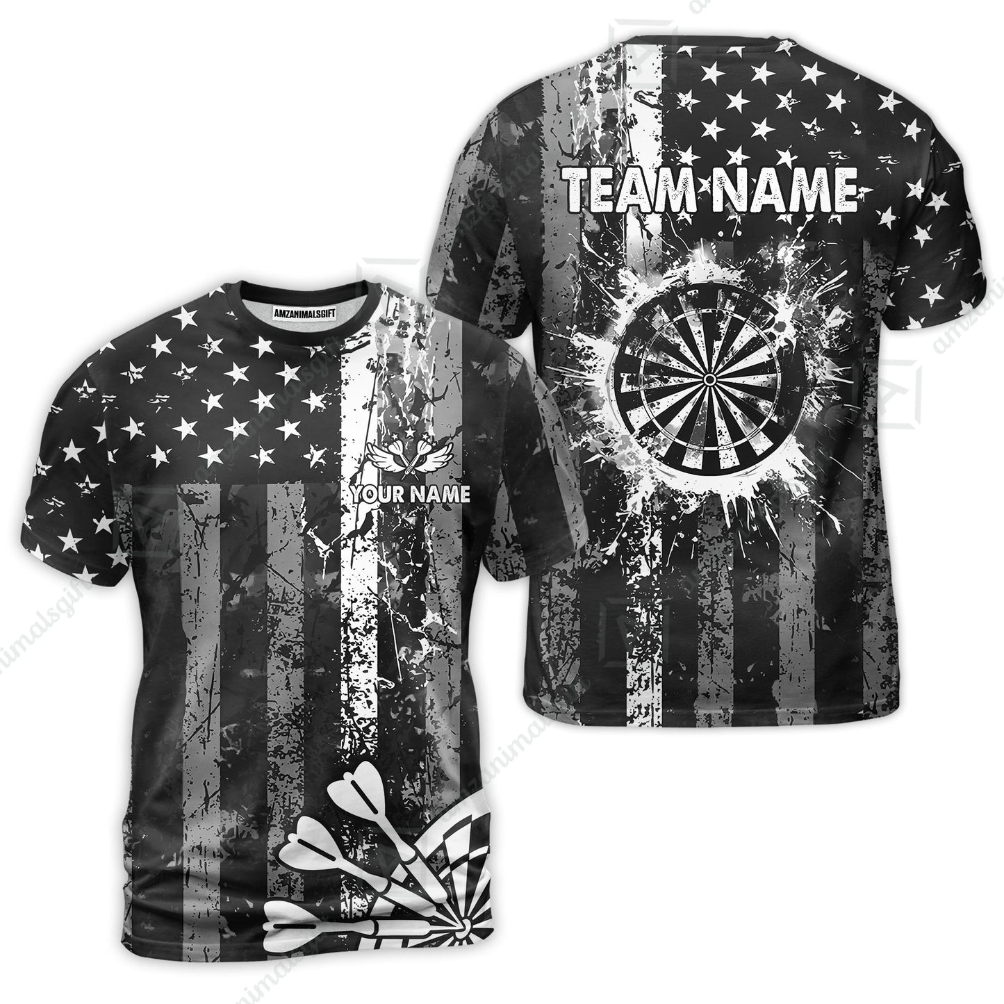 Customized Darts T-Shirt, Turquoise Grunge US Flag Patriotic Darts T-Shirt Team Style Jersey for Darts Players