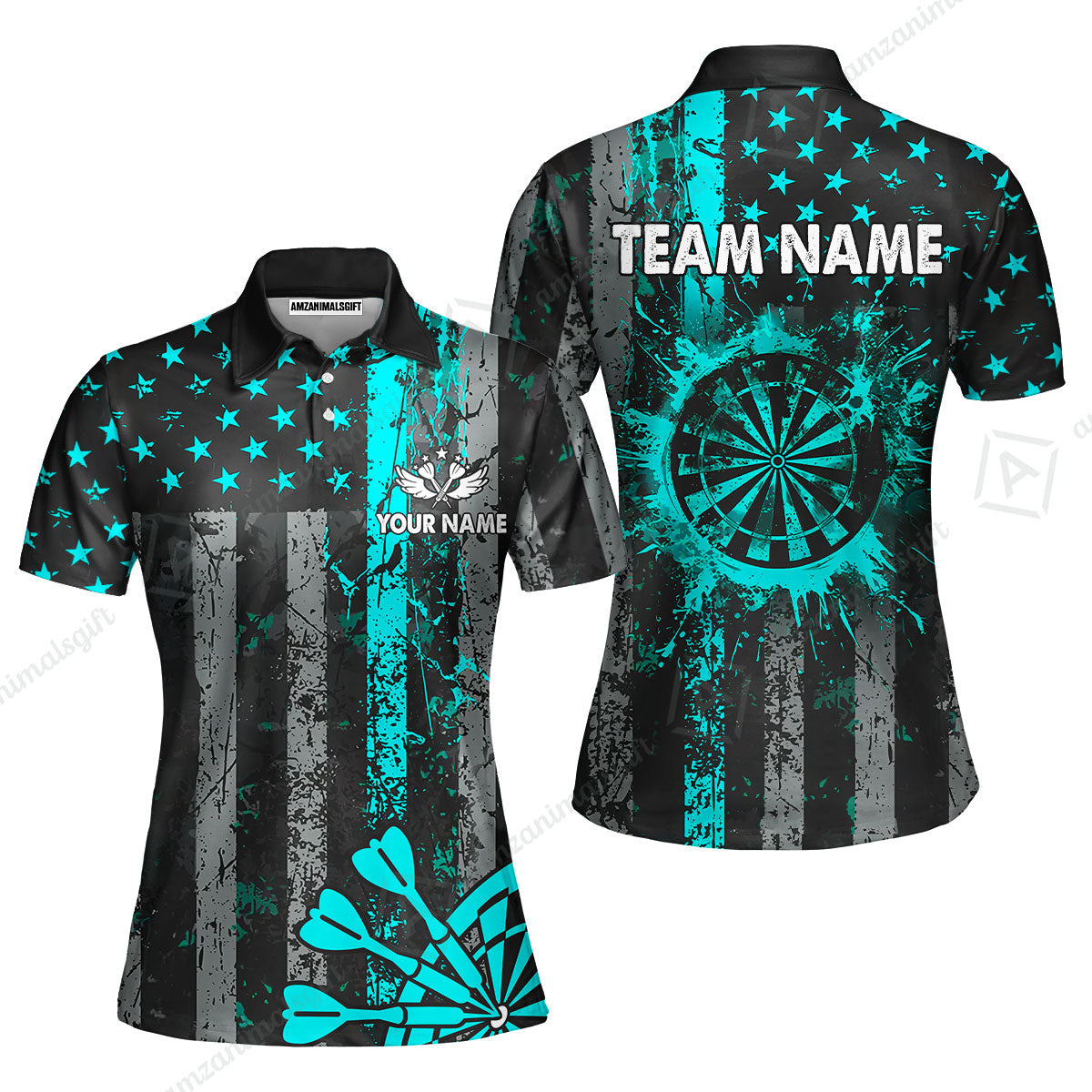 Customized Darts Women Polo Shirt, Turquoise Grunge US Flag Patriotic Darts Women Polo Shirt Jersey for Darts Players