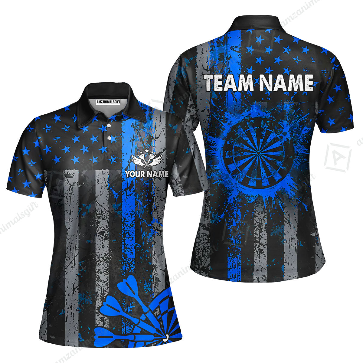Customized Darts Women Polo Shirt, Turquoise Grunge US Flag Patriotic Darts Women Polo Shirt Jersey for Darts Players