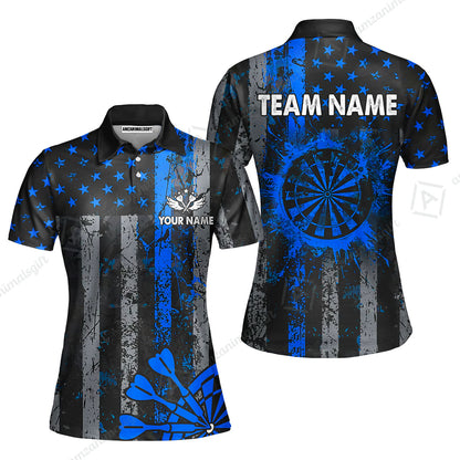 Customized Darts Women Polo Shirt, Turquoise Grunge US Flag Patriotic Darts Women Polo Shirt Jersey for Darts Players