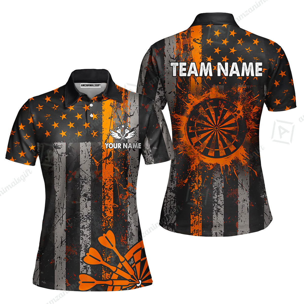 Customized Darts Women Polo Shirt, Turquoise Grunge US Flag Patriotic Darts Women Polo Shirt Jersey for Darts Players