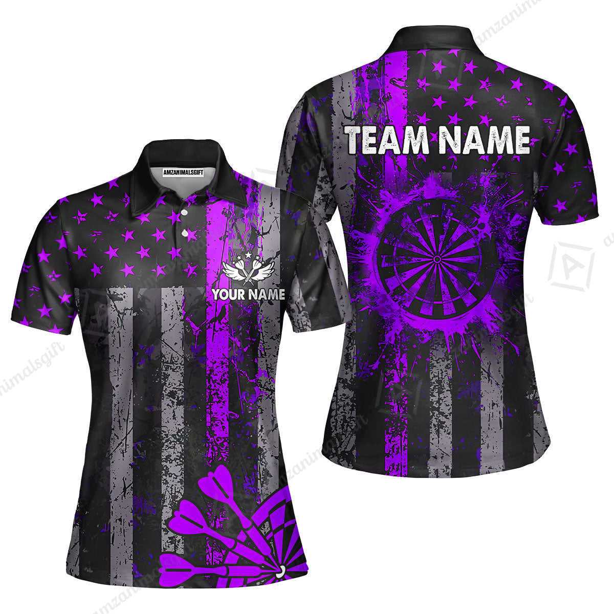 Customized Darts Women Polo Shirt, Turquoise Grunge US Flag Patriotic Darts Women Polo Shirt Jersey for Darts Players