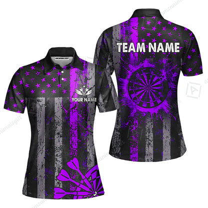 Customized Darts Women Polo Shirt, Turquoise Grunge US Flag Patriotic Darts Women Polo Shirt Jersey for Darts Players