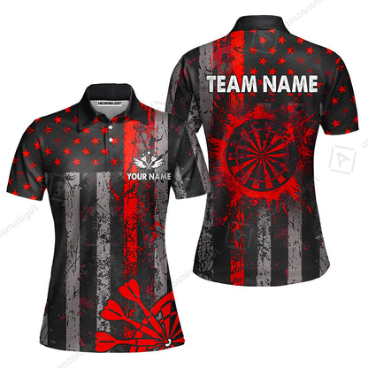 Customized Darts Women Polo Shirt, Turquoise Grunge US Flag Patriotic Darts Women Polo Shirt Jersey for Darts Players