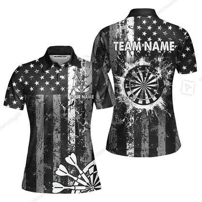 Customized Darts Women Polo Shirt, Turquoise Grunge US Flag Patriotic Darts Women Polo Shirt Jersey for Darts Players