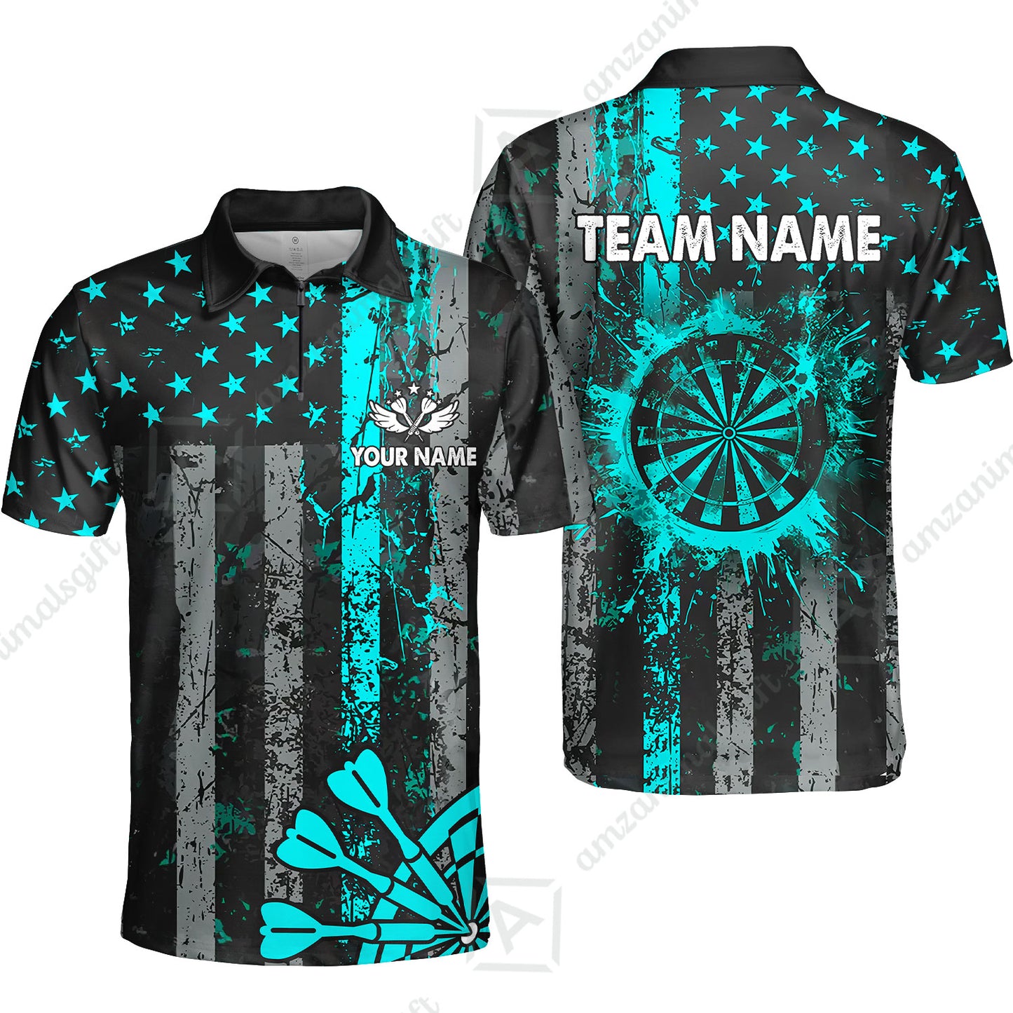 Customized Darts Quarter-Zip Polo Shirt, Turquoise Grunge US Flag Patriotic Darts Zip Polo Team Jersey for Darts Players