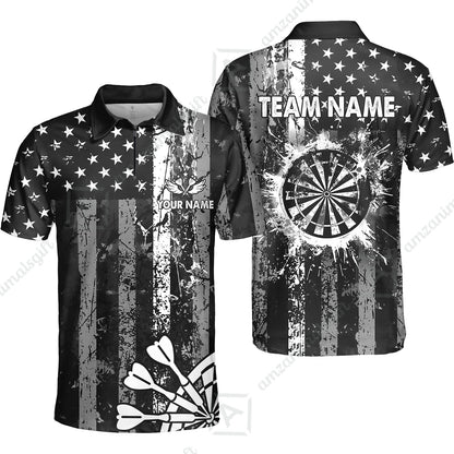 Customized Darts Quarter-Zip Polo Shirt, Turquoise Grunge US Flag Patriotic Darts Zip Polo Team Jersey for Darts Players