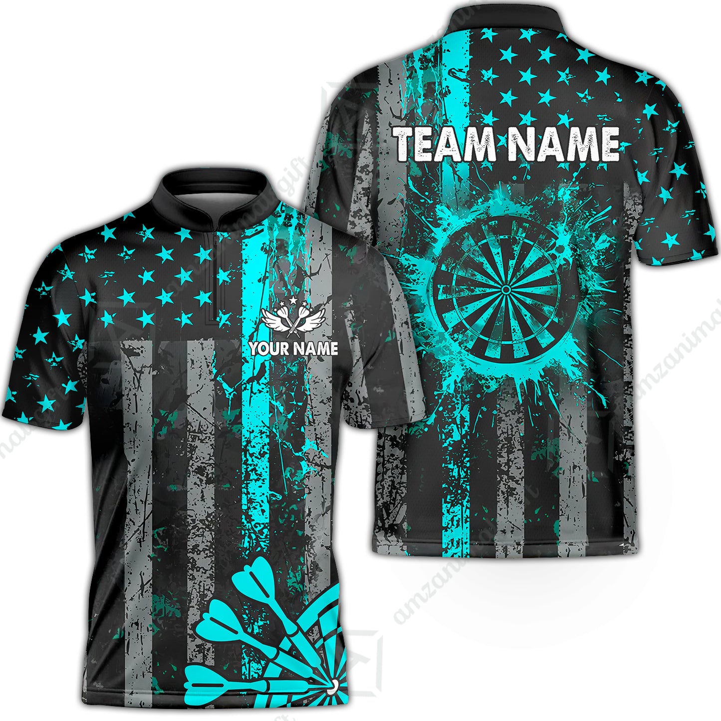 Customized Darts Stand Collar Quarter-Zip Shirt, Turquoise Grunge US Flag Patriotic Darts Team Jersey for Darts Players