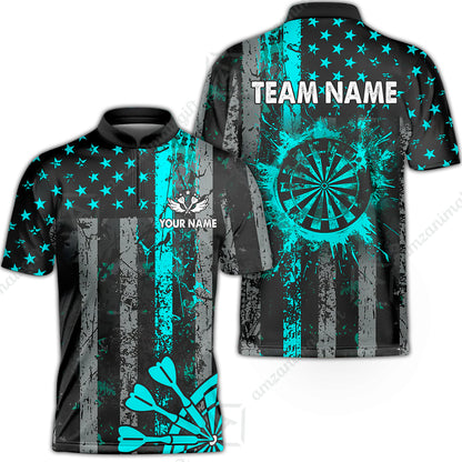 Customized Darts Stand Collar Quarter-Zip Shirt, Turquoise Grunge US Flag Patriotic Darts Team Jersey for Darts Players