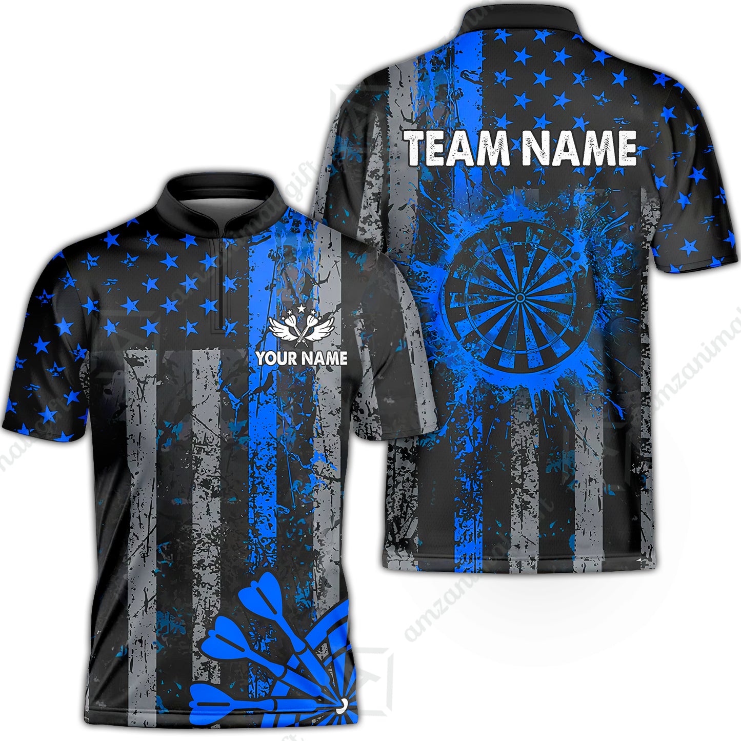 Customized Darts Stand Collar Quarter-Zip Shirt, Turquoise Grunge US Flag Patriotic Darts Team Jersey for Darts Players
