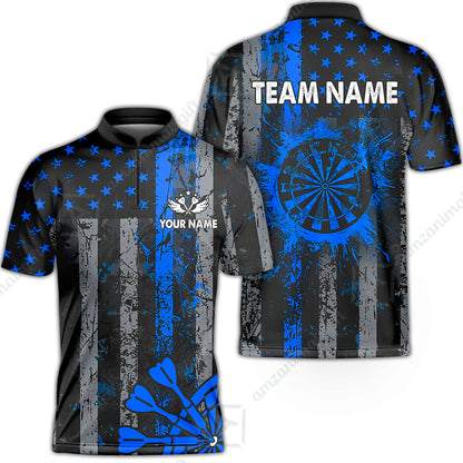Customized Darts Stand Collar Quarter-Zip Shirt, Turquoise Grunge US Flag Patriotic Darts Team Jersey for Darts Players