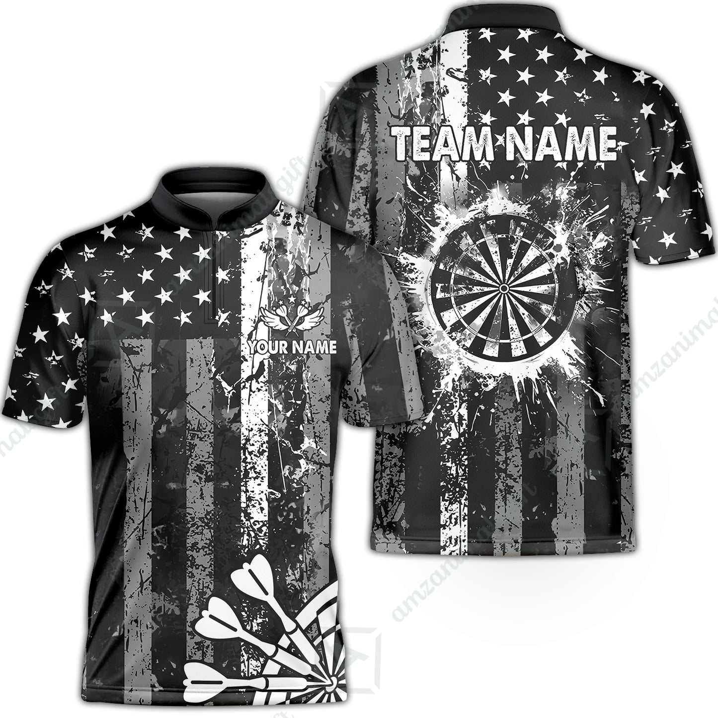 Customized Darts Stand Collar Quarter-Zip Shirt, Turquoise Grunge US Flag Patriotic Darts Team Jersey for Darts Players