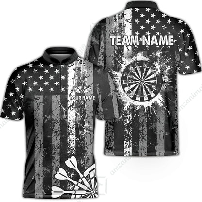 Customized Darts Stand Collar Quarter-Zip Shirt, Turquoise Grunge US Flag Patriotic Darts Team Jersey for Darts Players