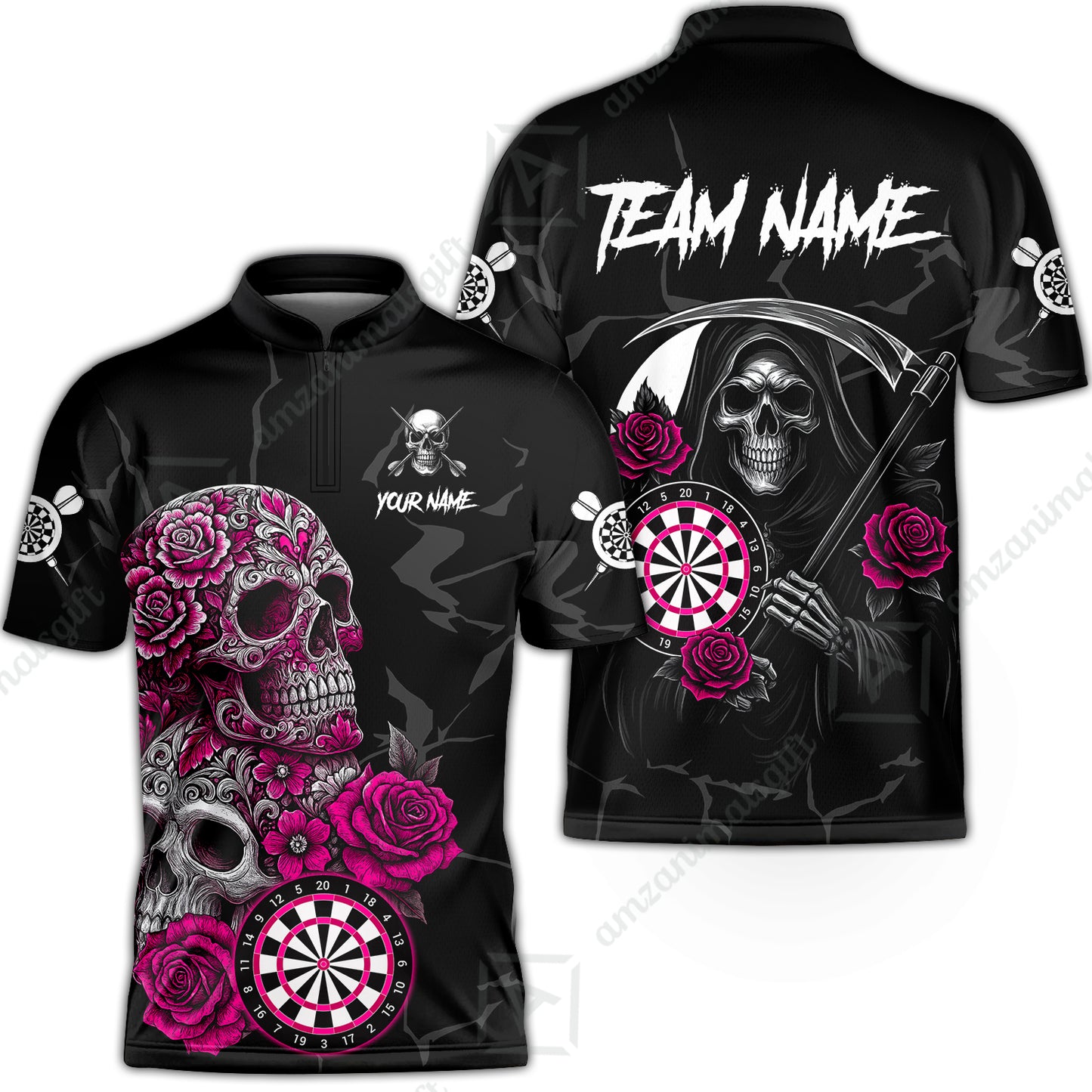 Customized Darts Stand Collar Quarter-Zip Shirt, Darts Turquoise Skull Roses Dartboard Style Jersey for Darts Players