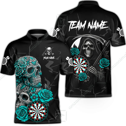 Customized Darts Stand Collar Quarter-Zip Shirt, Darts Turquoise Skull Roses Dartboard Style Jersey for Darts Players