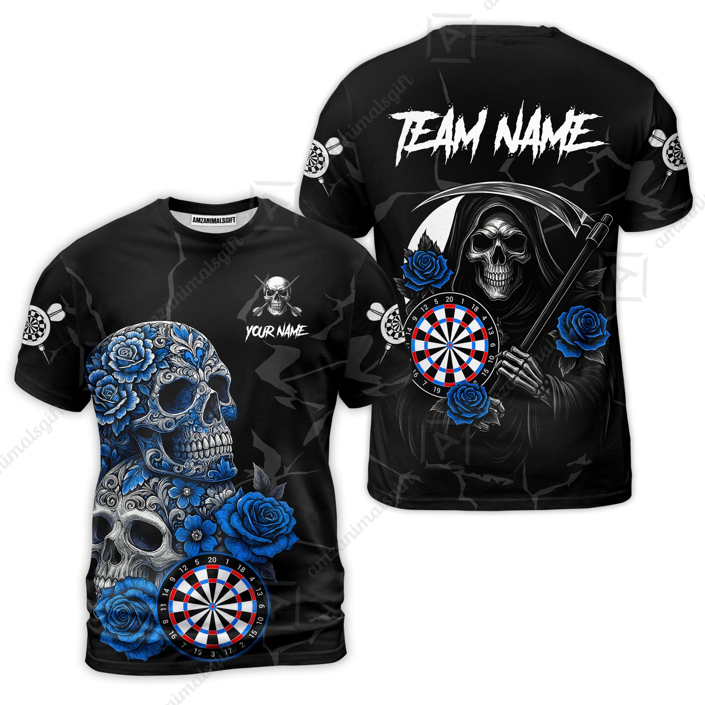 Customized Darts T-Shirt, Darts Turquoise Skull Roses Dartboard T-Shirt Team Style Jersey for Darts Players