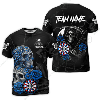 Customized Darts T-Shirt, Darts Turquoise Skull Roses Dartboard T-Shirt Team Style Jersey for Darts Players