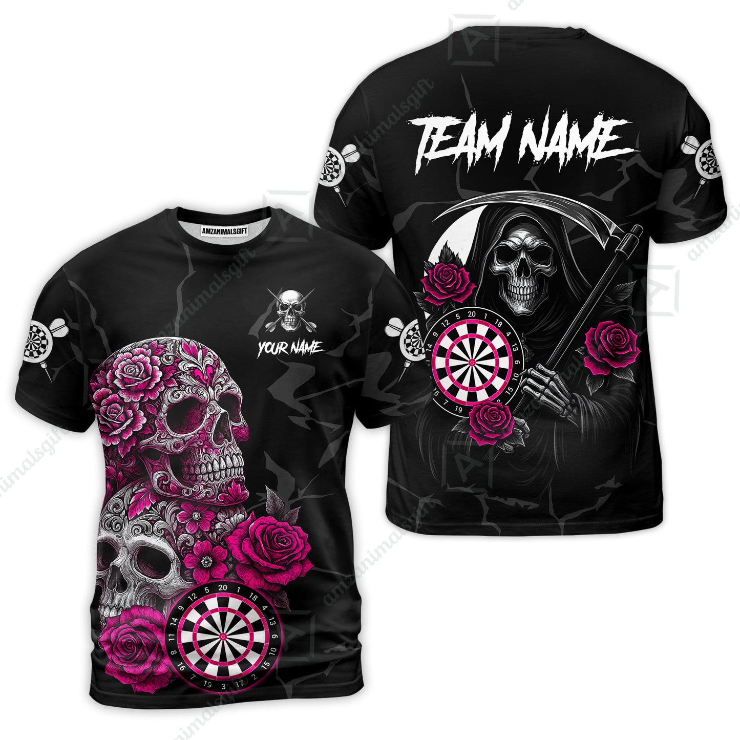 Customized Darts T-Shirt, Darts Turquoise Skull Roses Dartboard T-Shirt Team Style Jersey for Darts Players