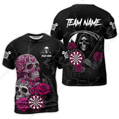 Customized Darts T-Shirt, Darts Turquoise Skull Roses Dartboard T-Shirt Team Style Jersey for Darts Players