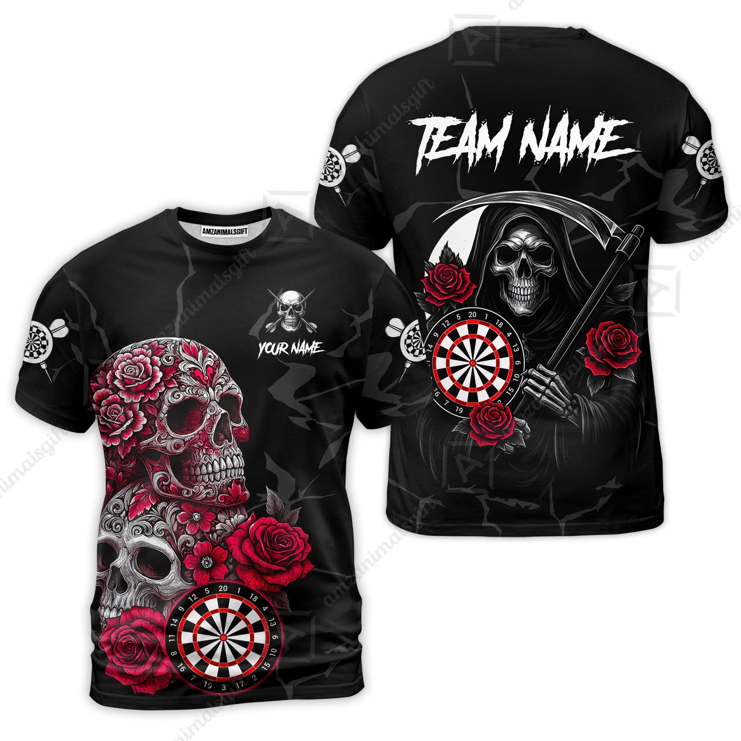 Customized Darts T-Shirt, Darts Turquoise Skull Roses Dartboard T-Shirt Team Style Jersey for Darts Players