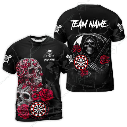 Customized Darts T-Shirt, Darts Turquoise Skull Roses Dartboard T-Shirt Team Style Jersey for Darts Players