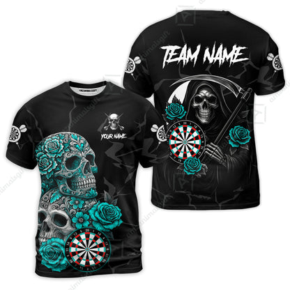Customized Darts T-Shirt, Darts Turquoise Skull Roses Dartboard T-Shirt Team Style Jersey for Darts Players