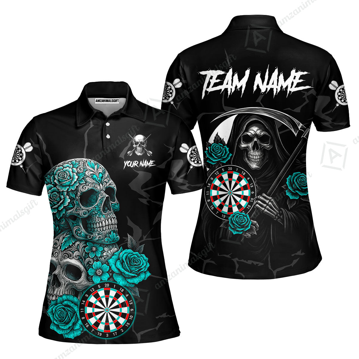 Customized Darts Women Polo Shirt, Darts Turquoise Skull Roses Dartboard Women Polo Shirt Style Jersey for Darts Players