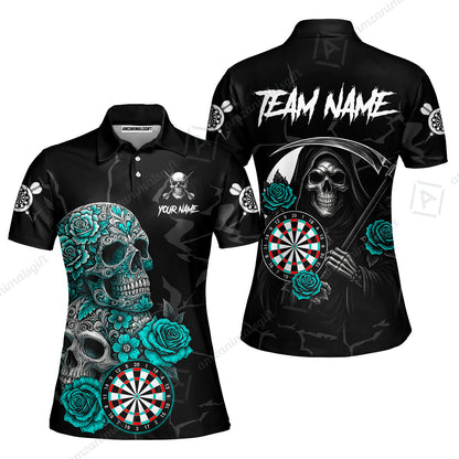 Customized Darts Women Polo Shirt, Darts Turquoise Skull Roses Dartboard Women Polo Shirt Style Jersey for Darts Players