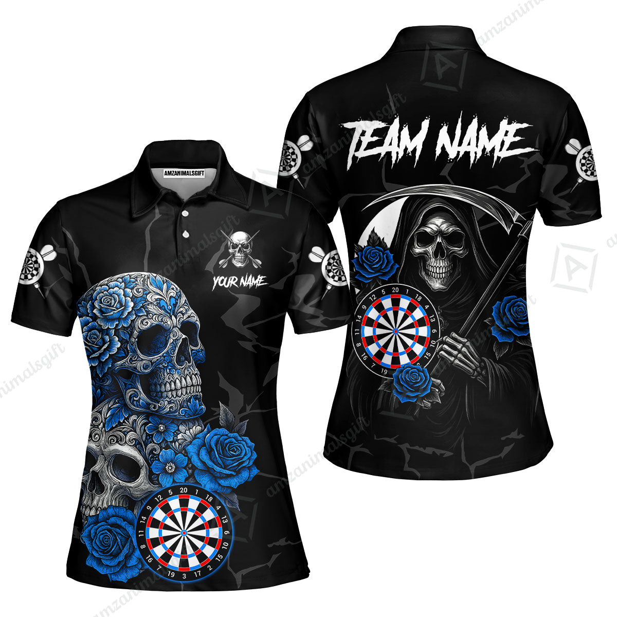 Customized Darts Women Polo Shirt, Darts Turquoise Skull Roses Dartboard Women Polo Shirt Style Jersey for Darts Players