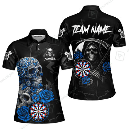 Customized Darts Women Polo Shirt, Darts Turquoise Skull Roses Dartboard Women Polo Shirt Style Jersey for Darts Players