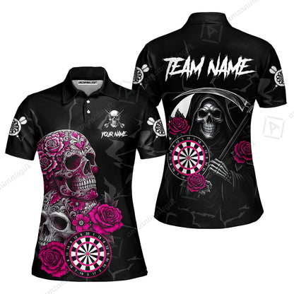 Customized Darts Women Polo Shirt, Darts Turquoise Skull Roses Dartboard Women Polo Shirt Style Jersey for Darts Players