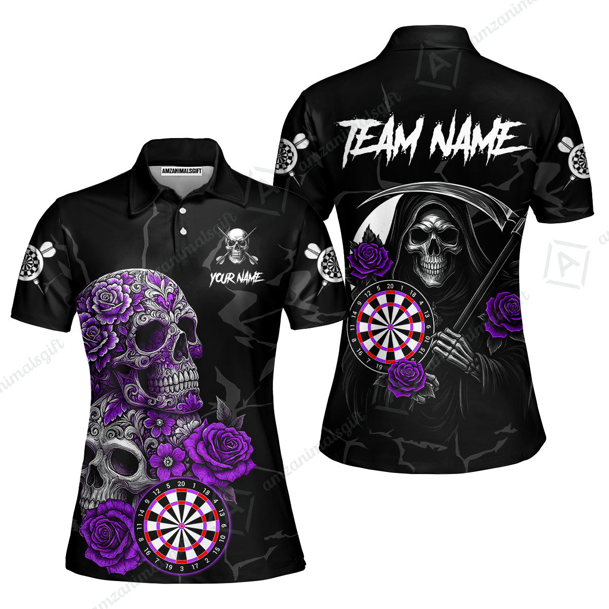 Customized Darts Women Polo Shirt, Darts Turquoise Skull Roses Dartboard Women Polo Shirt Style Jersey for Darts Players